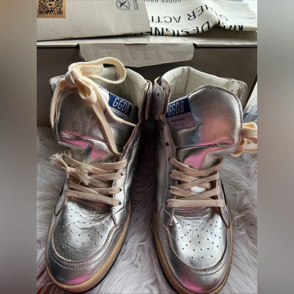 Golden Goose Sky-Star silver metallic leather + black Star High Top Sneakers 37 - Picture 3 of 10